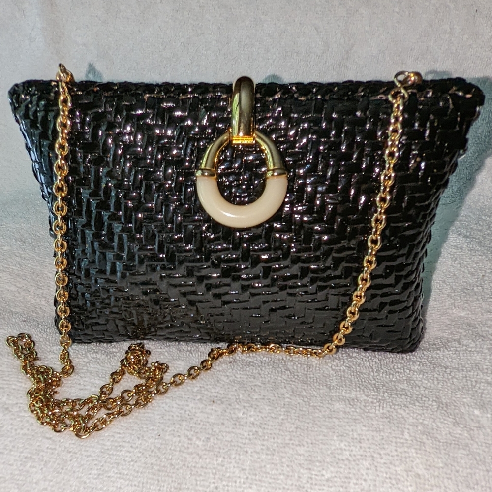 Vintage Koret black glossy wicker evening purse.